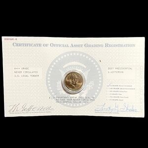 NIB 2007 Presidential JEFFERSON Coin w/ Certificate Of Asset Grading Medallion